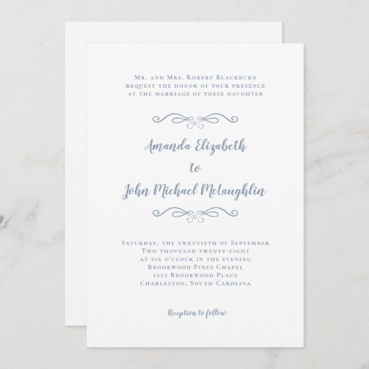 Elegant Script Classic Formal Wedding Dusty Blue Kaart (Voorkant / Achterkant)