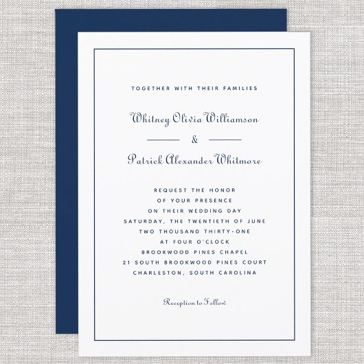 Elegant Script Classic Navy White Formal Weddings Kaart