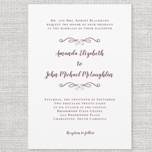 Elegant Script Classic Wedding Burgundy White Chic Kaart