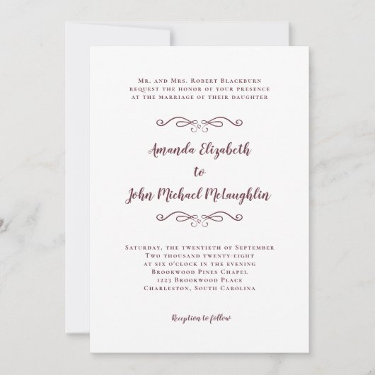 Elegant Script Classic Wedding Burgundy White Chic Kaart (Voorkant)