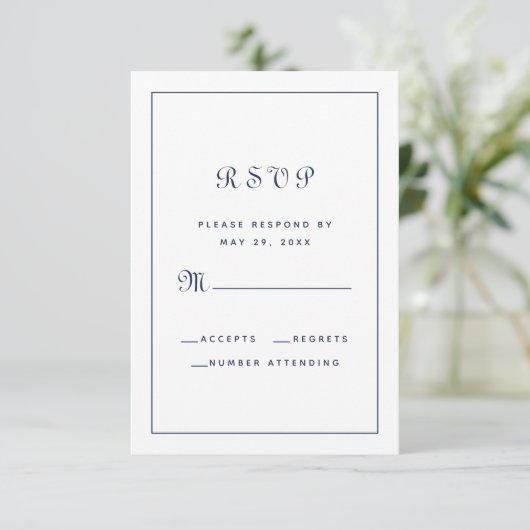 Elegant Script Classic Wedding Enclosure Navy Blue RSVP Kaartje (Staand voorkant)