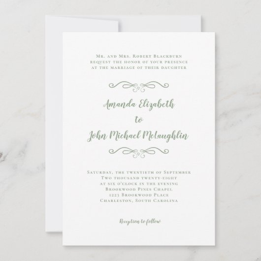Elegant Script Classic Wedding Sage Green White in Kaart (Voorkant)