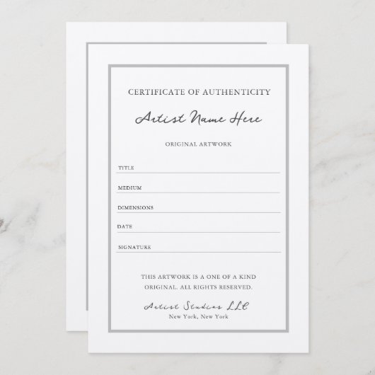 Elegant Script Classy Certificaat van Authenticite Kaart (Voorkant / Achterkant)