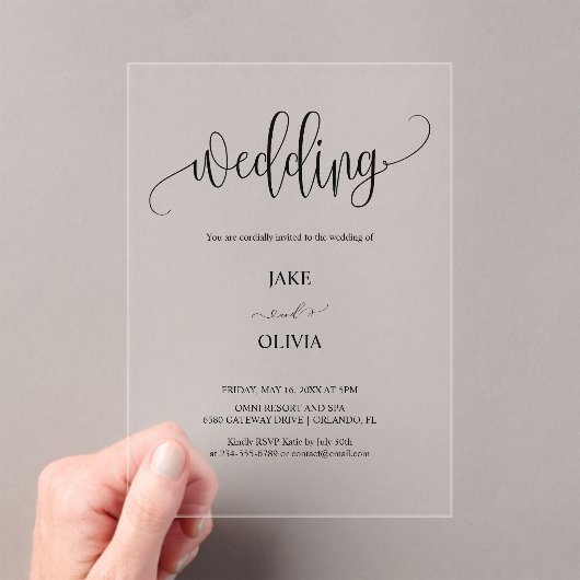 Elegant Script Clear Acrylic Wedding Invitation Acryl Uitnodigingen (Insitu (Draagbaar))