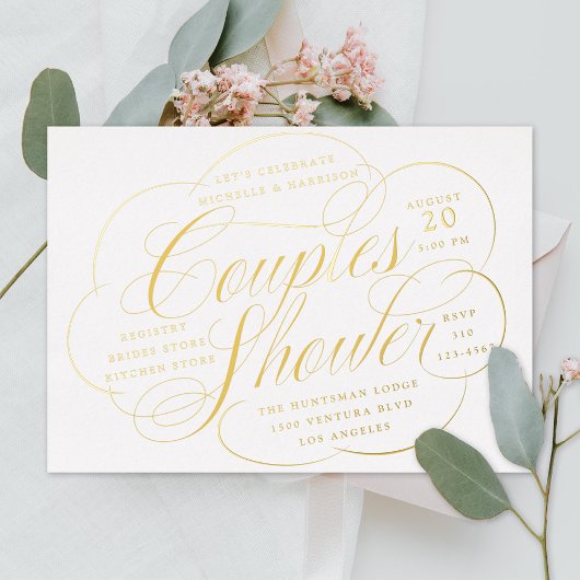Elegant Script Cloud Flourishes Couples Shower Folie Uitnodiging