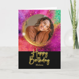 Elegant Script Colorful Glitter Photo Birthday Kaart