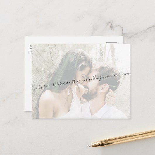 Elegant Script Couple Photo Wedding Save our Date Aankondigingskaart (Voorkant / Achterkant in situ)