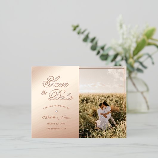Elegant Script Couple Photo Wedding Save the Date Folie Uitnodiging Briefkaart (Staand Voorkant)