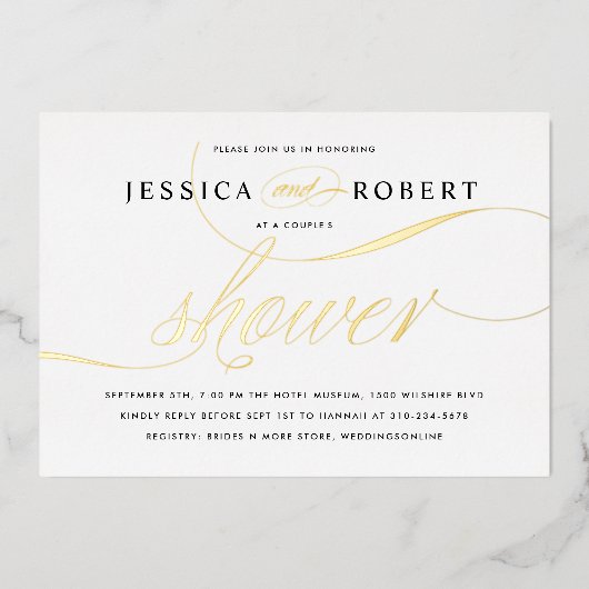 Elegant Script Couple's Shower Gold Foil Folie Uitnodiging (Voorkant)