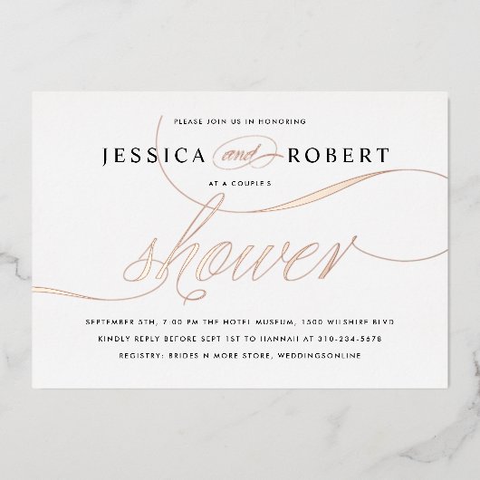 Elegant Script Couple's Shower Roos Gold Folie Uitnodiging (Voorkant)