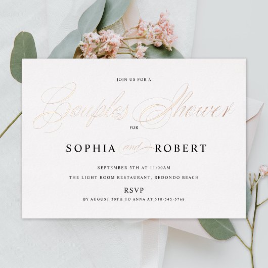 Elegant Script Couples Shower Roos Gold Folie Uitnodiging