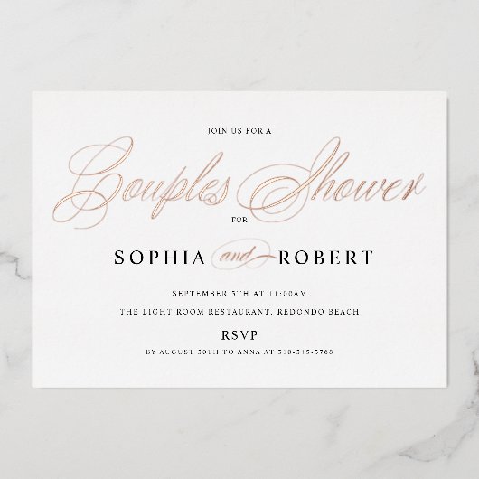 Elegant Script Couples Shower Roos Gold Folie Uitnodiging (Voorkant)