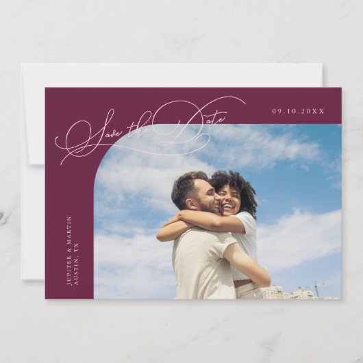 Elegant Script Cranberry Curved Frame Photo Save The Date (Voorkant)
