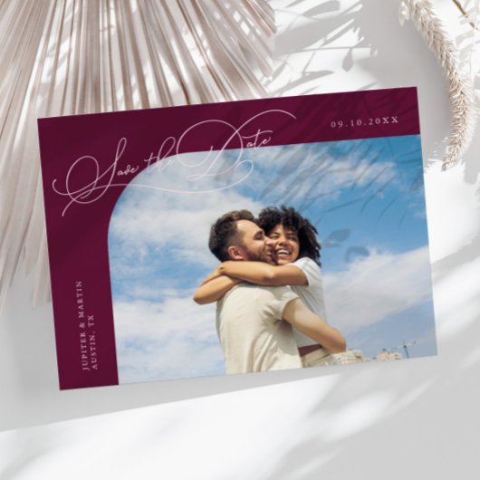 Elegant Script Cranberry Curved Frame Photo Save The Date