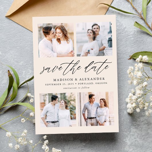 Elegant Script Cream 4 Foto Collage Save The Date