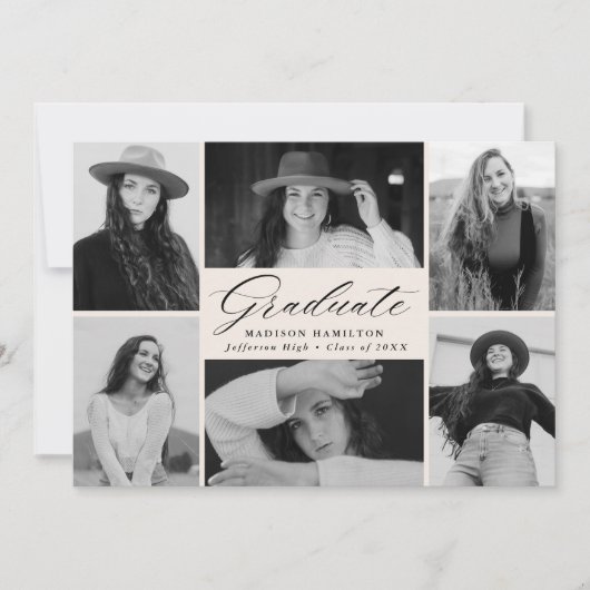 Elegant Script Cream 6 Photo Collage Afstuderen Aankondiging (Voorkant)