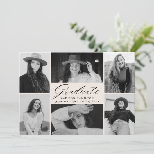 Elegant Script Cream 6 Photo Collage Afstuderen Aankondiging (Staand voorkant)