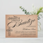 Elegant Script Cross en Dove Bautizo Kaart (Staand voorkant)