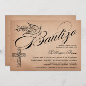 Elegant  Script Cross en Dove Bautizo Kaart (Voorkant / Achterkant)