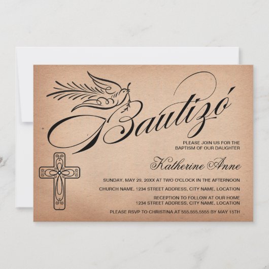 Elegant  Script Cross en Dove Bautizó Kaart (Voorkant)