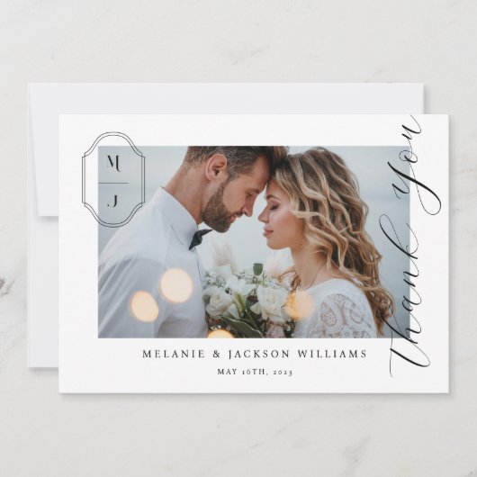 Elegant Script Custom Monogram Weddenschap Foto Bedankkaart (Voorkant)