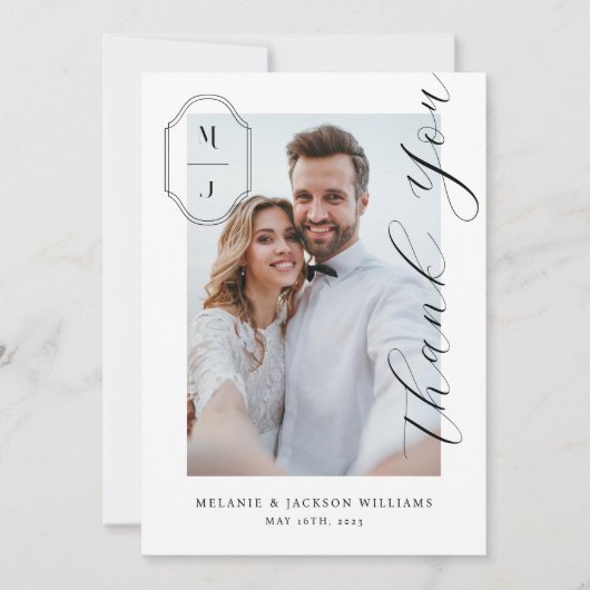 Elegant Script Custom Monogram Weddenschap Foto Bedankkaart (Voorkant)