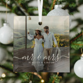 Elegant Script & Custom Newlyweds Photo Christmas Glas Ornament