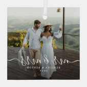 Elegant Script & Custom Newlyweds Photo Christmas Glas Ornament (Achterkant)