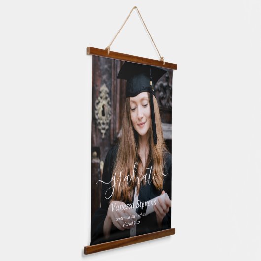Elegant Script Custom Photo Afstuderen Hangend Wandkleed (Gebogen)