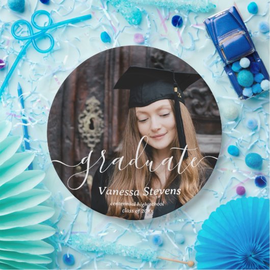 Elegant Script Custom Photo Afstuderen Papieren Bordje (Feest)