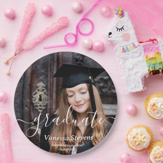 Elegant Script Custom Photo Afstuderen Papieren Bordje (Feest)