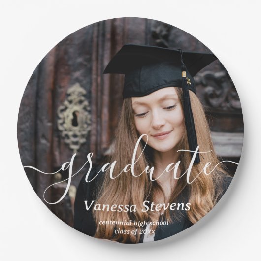 Elegant Script Custom Photo Afstuderen Papieren Bordje (Voorkant)