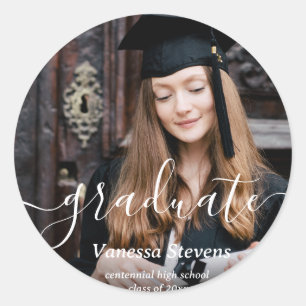 Elegant Script Custom Photo Afstuderen Ronde Sticker