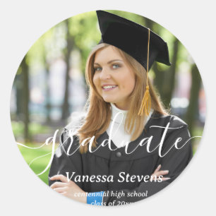 Elegant Script Custom Photo Afstuderen Ronde Sticker