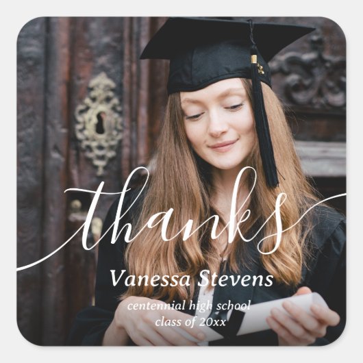 Elegant Script Custom Photo Afstuderen Vierkante Sticker (Voorkant)