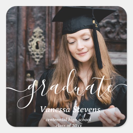 Elegant Script Custom Photo Afstuderen Vierkante Sticker (Voorkant)