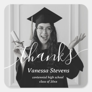 Elegant Script Custom Photo bedankt Afstuderen Vierkante Sticker