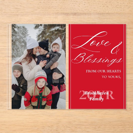 Elegant Script Custom Photo Name Red Holiday Card Acryl Uitnodigingen (Voorkant)