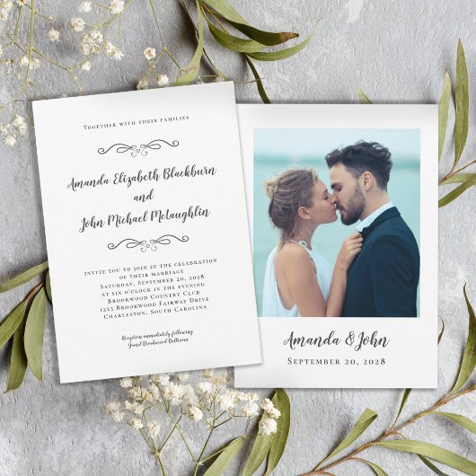 Elegant Script Custom Wedding Photo Classic Grey Kaart