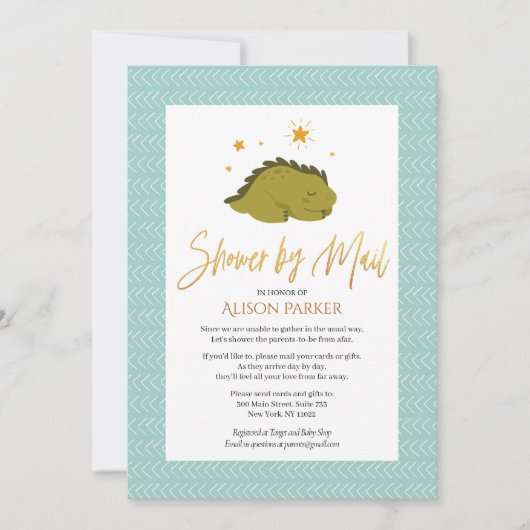 Elegant Script Cute Green Dinosaur Shower by Mail Kaart (Voorkant)