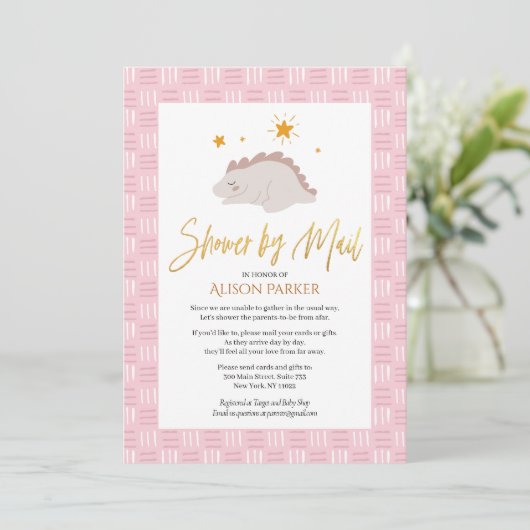Elegant Script Cute Pink Dinosaur Shower by Mail Kaart (Staand voorkant)