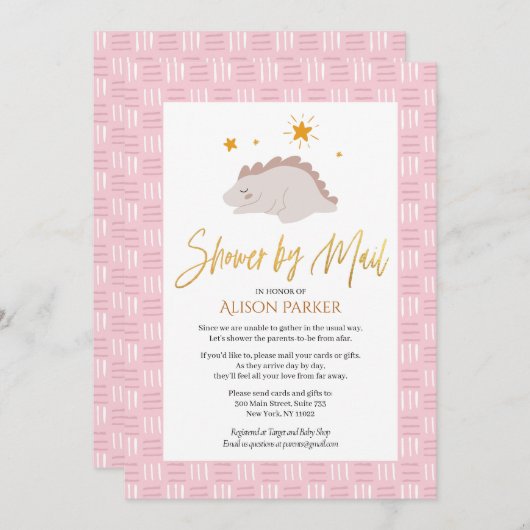 Elegant Script Cute Pink Dinosaur Shower by Mail Kaart (Voorkant / Achterkant)