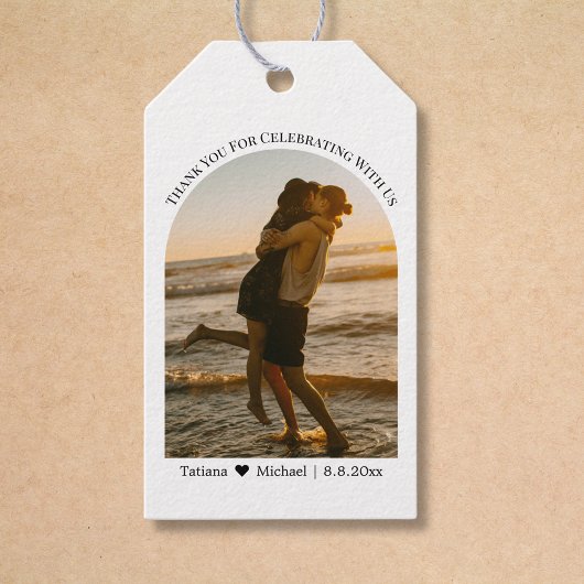 Elegant script Dank u bruiloft foto boog Cadeaulabel