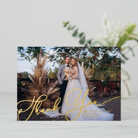 Elegant script Dank u foto bruiloft Kaart (Staand Voorkant)