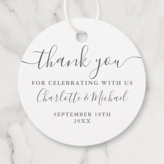 Elegant script dank u grijs en wit bruiloft bedankjes labels (Achterkant)