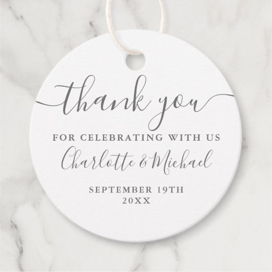 Elegant script dank u grijs en wit bruiloft bedankjes labels (Voorkant)