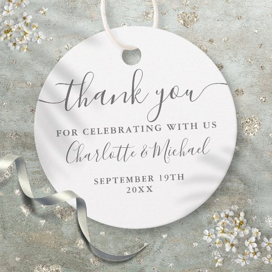 Elegant script dank u grijs en wit bruiloft bedankjes labels
