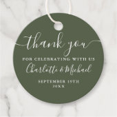 Elegant Script Dankjewel Olijfgroene Trouw Bedankjes Labels (Voorkant)