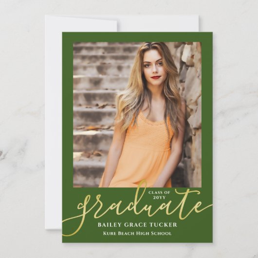 Elegant Script Dark Green Gold 2-Photo-Afstuderen Aankondiging (Voorkant)