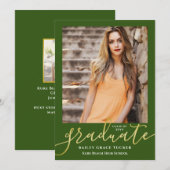 Elegant Script Dark Green Gold 2-Photo-Afstuderen Aankondiging (Voorkant / Achterkant)